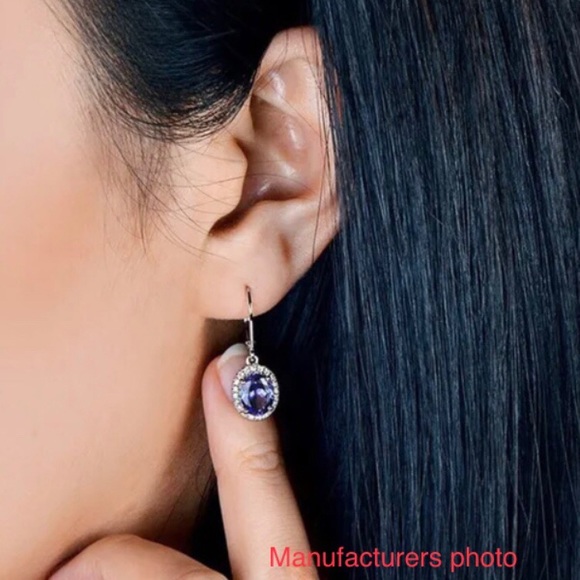 NEW! Blue Oval Synthetic “Sapphire” & CZ Silver-Tone Pierced Drop Earrings - Picture 5 of 6